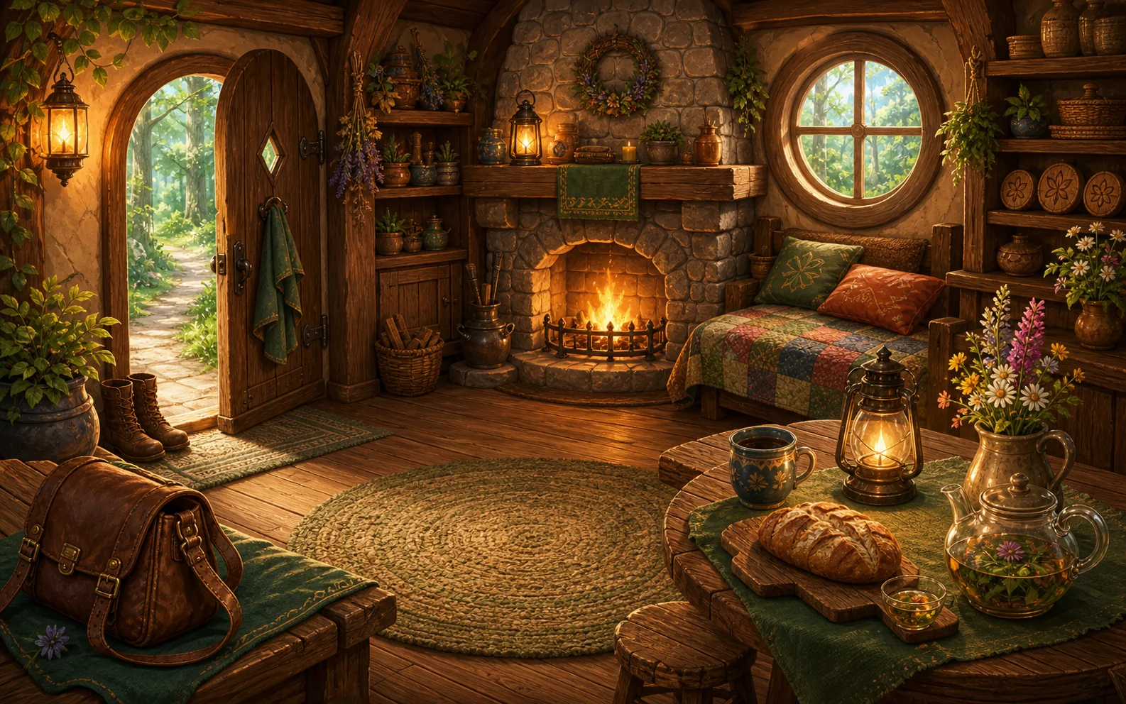 Humble cabin interior — cozy hearth and woodland doorway