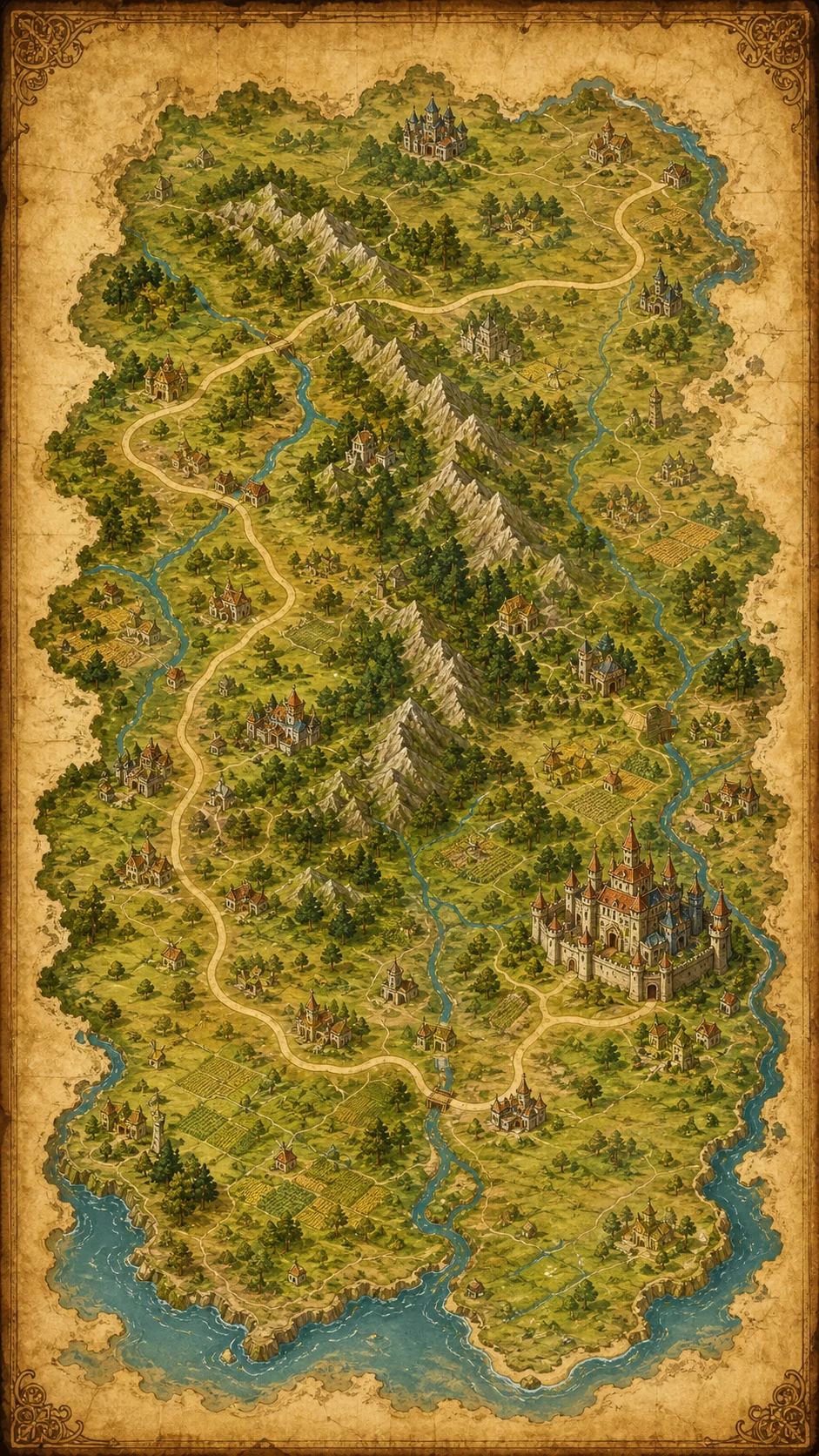 Parchment realm campaign map charting the whole journey