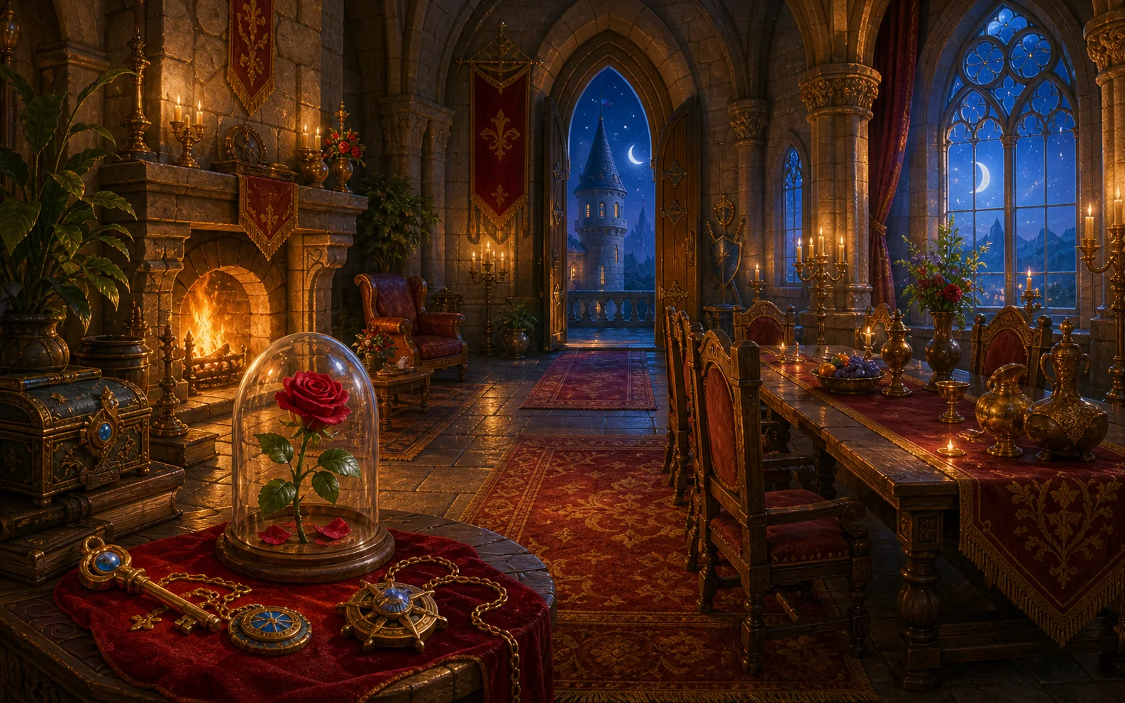 Royal chamber interior with fireplace and moonlit windows