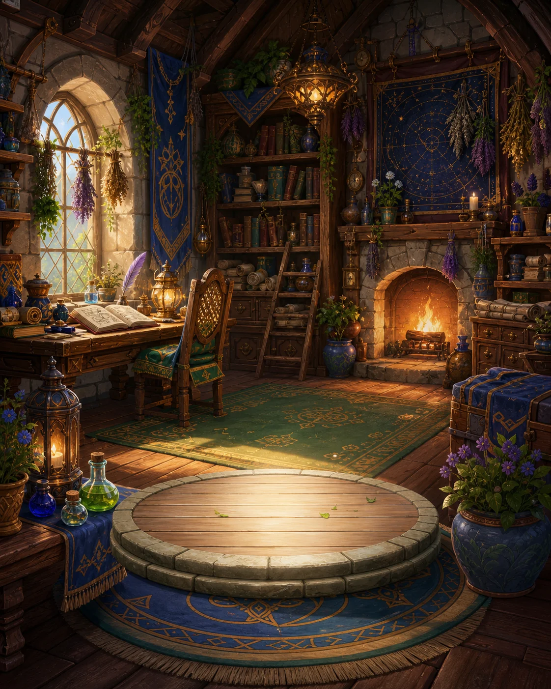 Scholar's study interior with bookshelves and star charts