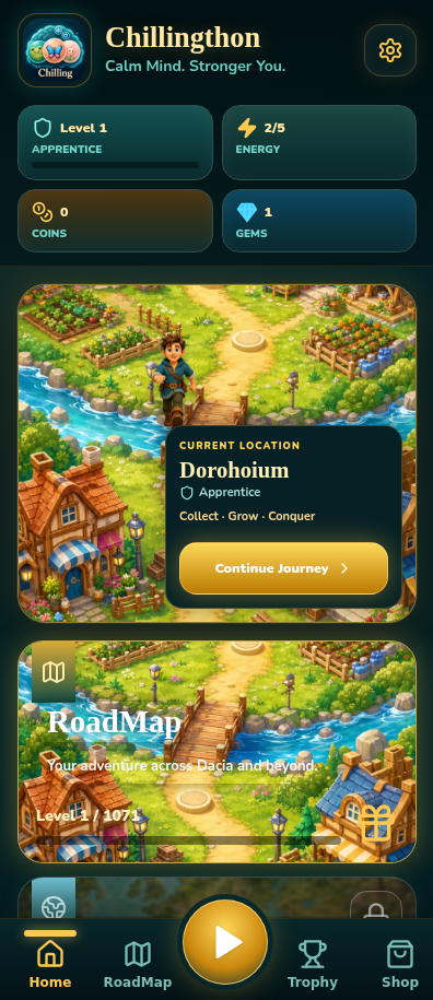 Chillingthon home screen with current location and Continue Journey