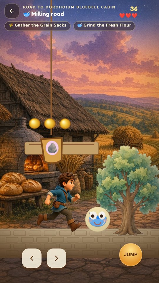 Road Travel mini-game — Rowan runs past a bakery, collecting coins on the road to the next home