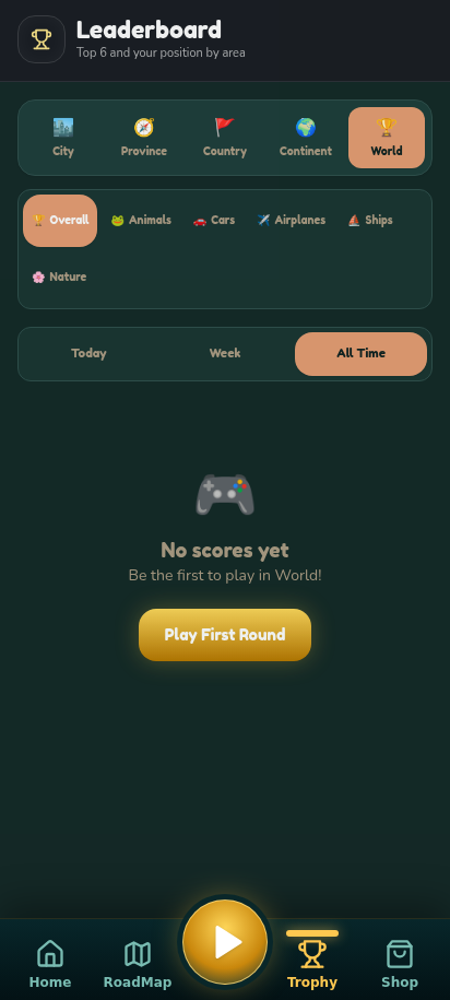 Leaderboard screen filtered by area and category
